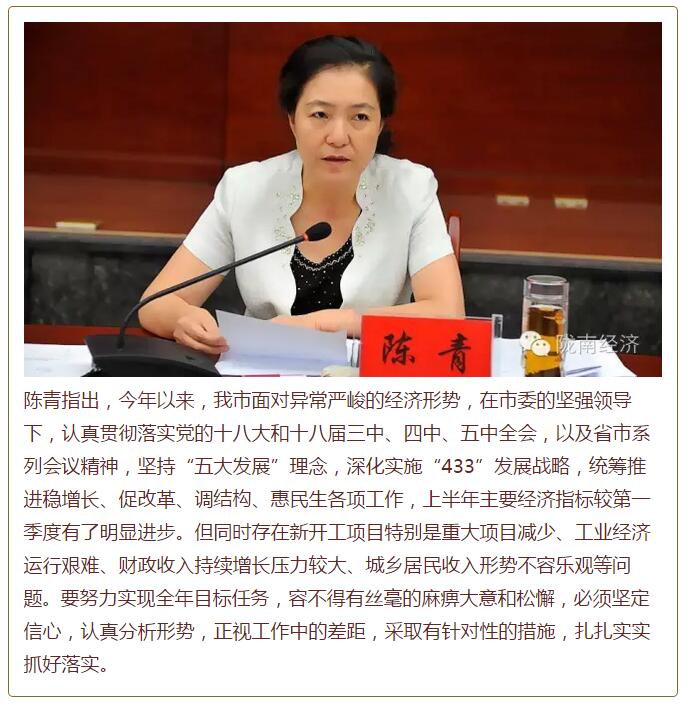 陳青在市政府全體會議上強(qiáng)調(diào)：緊盯一個目標(biāo)抓好九大任務(wù)落實(shí)強(qiáng)化三項(xiàng)保障，確保全市經(jīng)濟(jì)社會持續(xù)快速發(fā)展